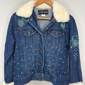 Vtg Adrienne Landau Women’s Sz Small Faux Fur Denim Jacket Embellished Designer